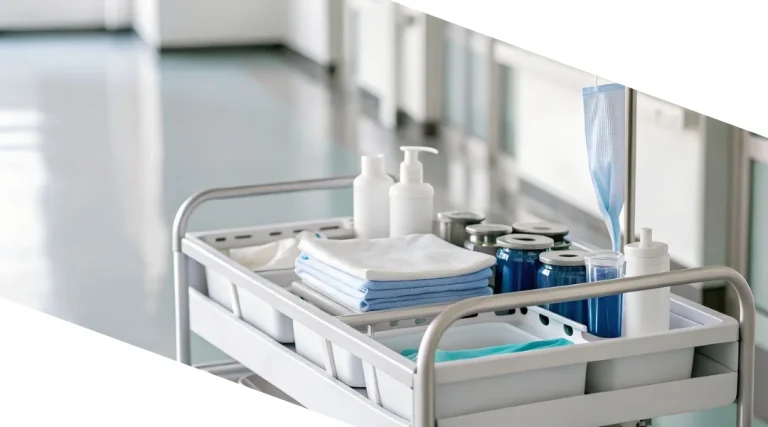 corp mobil de transportat dispozitive medicale, pe holul unui spital