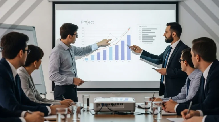 oameni de afaceri în cadrul unei prezentări de business, arătând către un ecran pe care este afișată o diagramă